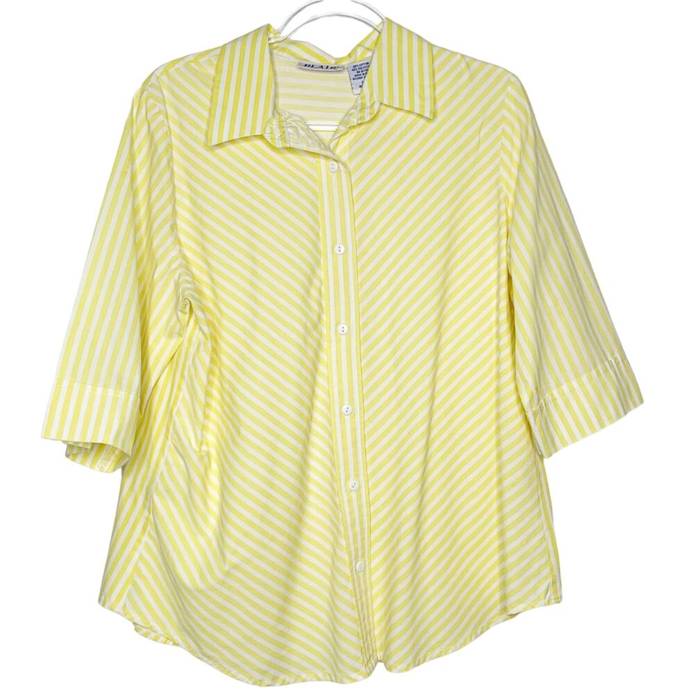 BLAIR Vintage Striped Poplin Button-Up Shirt Relaxed Fit Yellow White Size Large